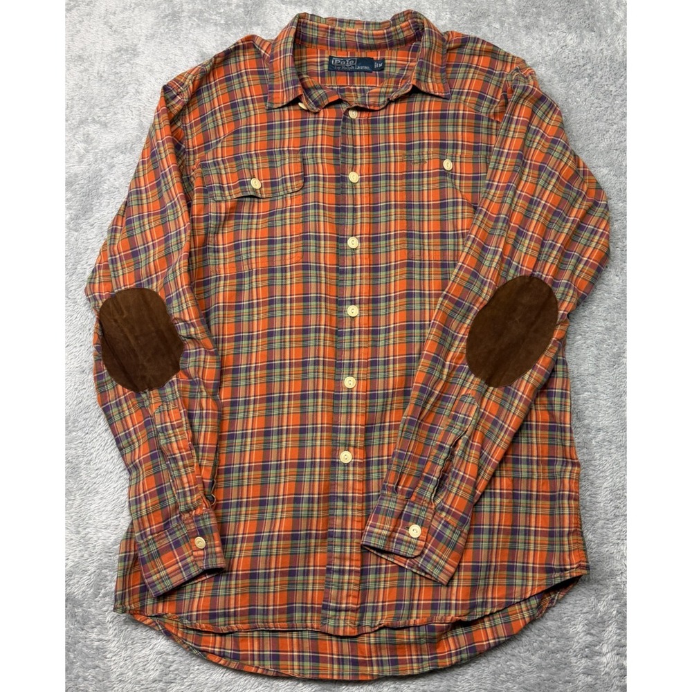 VTG Polo Ralph Lauren Plaid Elbow Patches Shirt Mens M Suede Soft Quiet Luxury